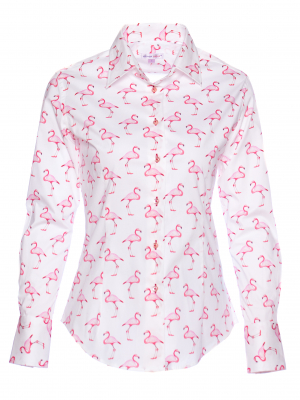 Women's fitted shirt with pink flamingo print