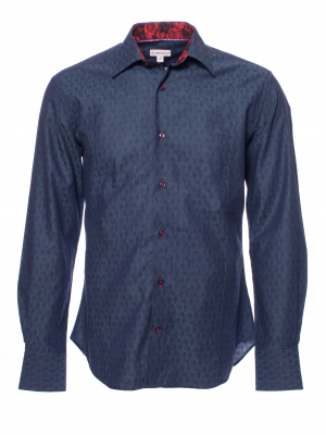 Men's navy blue poplin fitted shirt with patterns and rose inner lining print