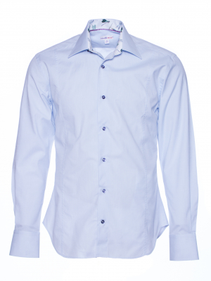 Men's blue poplin fitted shirt with dragonfly print inner lining