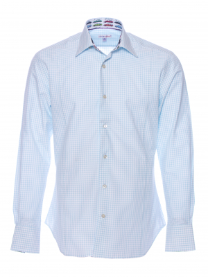 Men's blue houndstooth fitted shirt with vintage car inner lining print