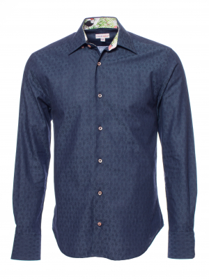 Men's navy blue poplin regular shirt with patterns tropical fauna inner lining print