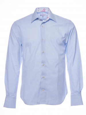Men's blue poplin regular shirt with pink flamingo inner lining print