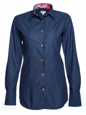 Women's navy blue fitted shirt with patterns and japanese flower inner lining print
