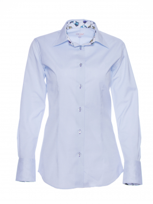 Women's plain blue poplin fitted shirt with vintage scooter inner lining print