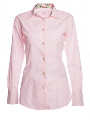 Women's plain pink poplin fitted shirt with tropical fauna inner lining print