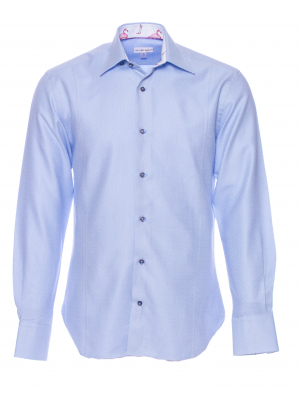 Men's blue jacquard fitted shirt with patterns and pink flamingo inner lining print