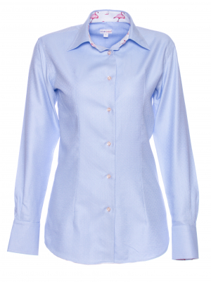Women's blue jacquard fitted shirt with patterns and flamingos inner lining print
