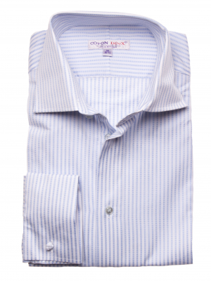 Men's white shirt with blue stripes and mousquetaire cuffs