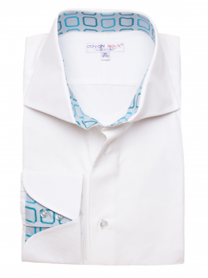 Men's white shirt with Napolitan cuffs and blue geometric inner lining print