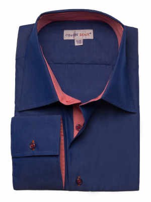 Men's slim fit blue shirt with coral inner lining