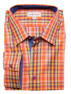 Men's slim fit blue shirt with orange flower inner lining