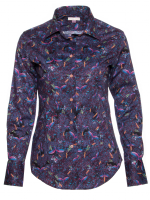 Women's fitted shirt with fluorescent bird print