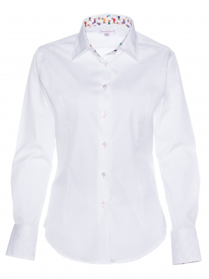 Women's white poplin fitted shirt with multicolor dog inner lining print