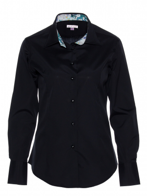 Women's black poplin fitted shirt with blue flower inner lining print