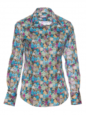 Women's fitted shirt with multicolored house print