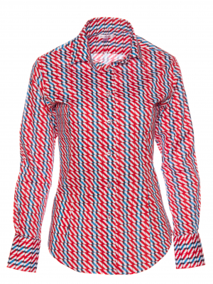 Women's fitted shirt with red and blue geometrical form print