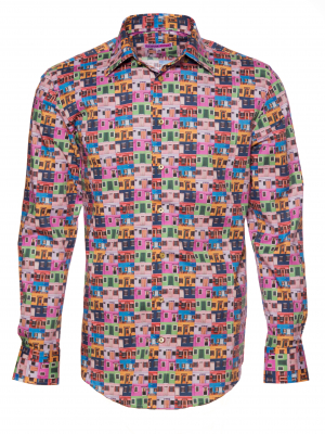 Men's slim fit shirt with muticoloured windows and doors print