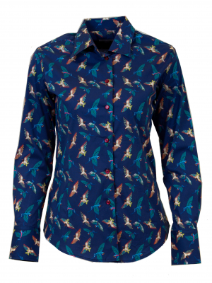 Women's fitted shirt with multicolor birds print